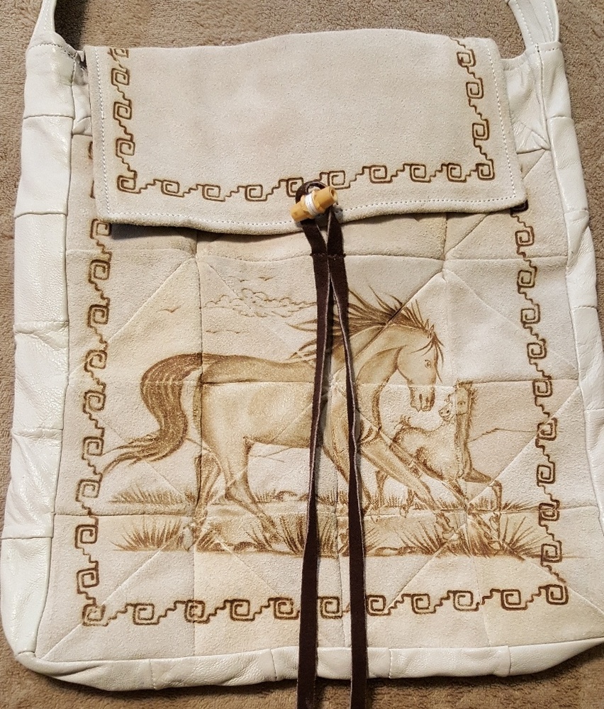 Handmade Leather Tote w/Horses From Mexico - Picture 2 of 8